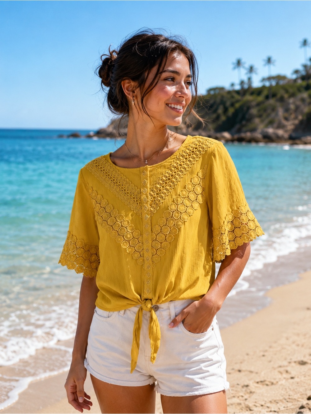 NO BOUNDARIES Boho Rayon Blend Yellow Crochet Tie-Front Crop Blouse Size S